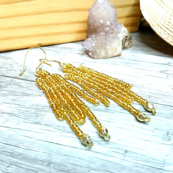 Gold Beaded Dangle Fringe Earrings, Seed Bead Jewelry, Boho Chic, 3" - Picture 6 of 6